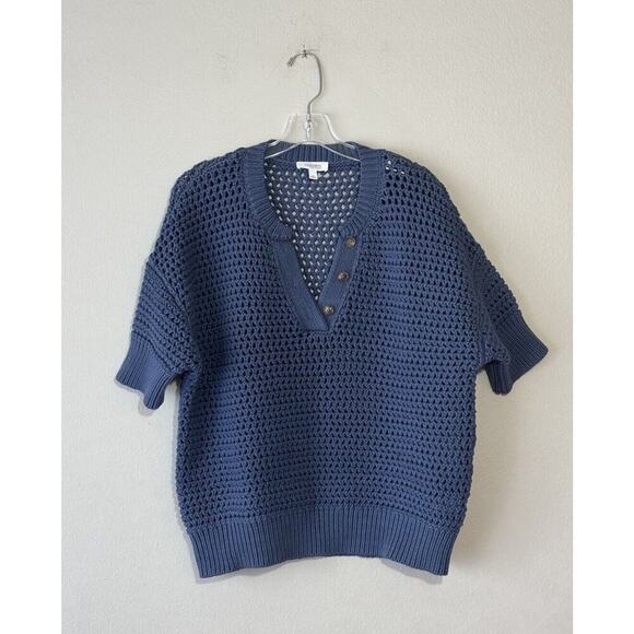 Haven Well Within Sweater Size Medium Blue Crochet Knit Knot Stitch Henley - Picture 1 of 8